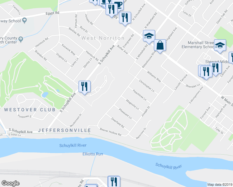 map of restaurants, bars, coffee shops, grocery stores, and more near 431 Rittenhouse Boulevard in Eagleville
