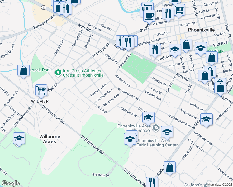 map of restaurants, bars, coffee shops, grocery stores, and more near 1206 Monroe Avenue in Phoenixville