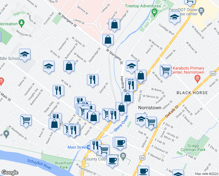 map of restaurants, bars, coffee shops, grocery stores, and more near 823 Chain Street in Norristown