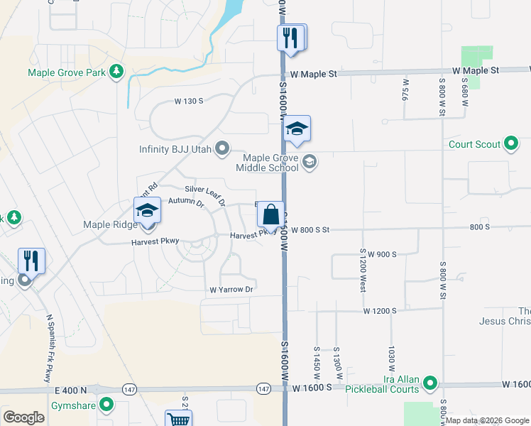 map of restaurants, bars, coffee shops, grocery stores, and more near 724 South 1600 West in Mapleton