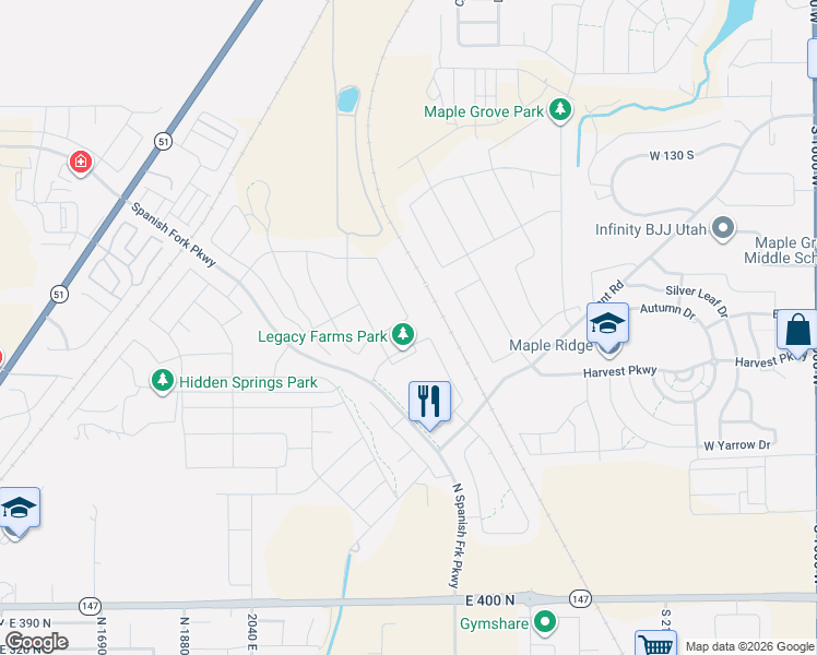 map of restaurants, bars, coffee shops, grocery stores, and more near 2431 East Purple Sage Drive in Spanish Fork