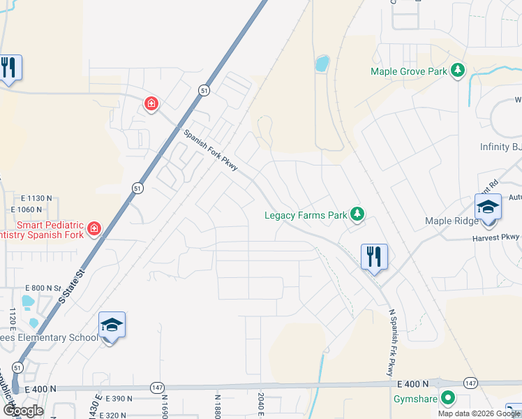 map of restaurants, bars, coffee shops, grocery stores, and more near 1131 North Wagon Way in Spanish Fork