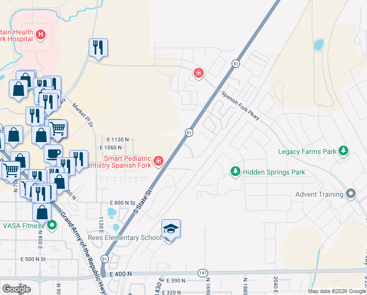 map of restaurants, bars, coffee shops, grocery stores, and more near 1561 East Ridgefield Road in Spanish Fork