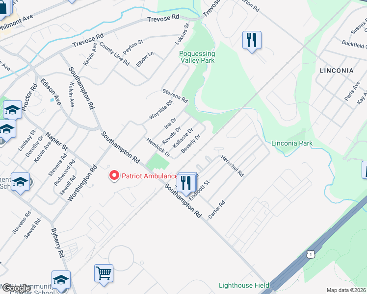 map of restaurants, bars, coffee shops, grocery stores, and more near 15116 Beverly Drive in Philadelphia