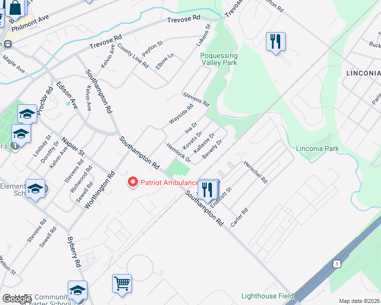 map of restaurants, bars, coffee shops, grocery stores, and more near 15102 Kallaste Drive in Philadelphia