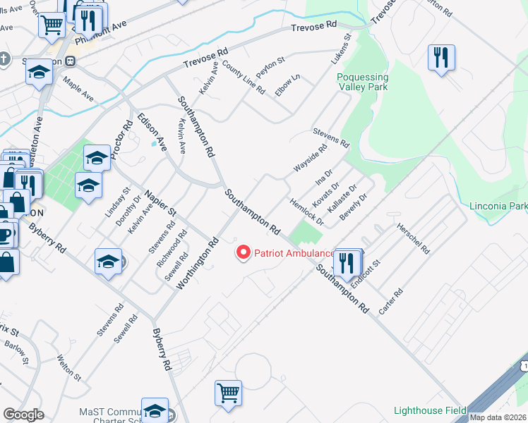 map of restaurants, bars, coffee shops, grocery stores, and more near 1243 Southampton Road in Philadelphia