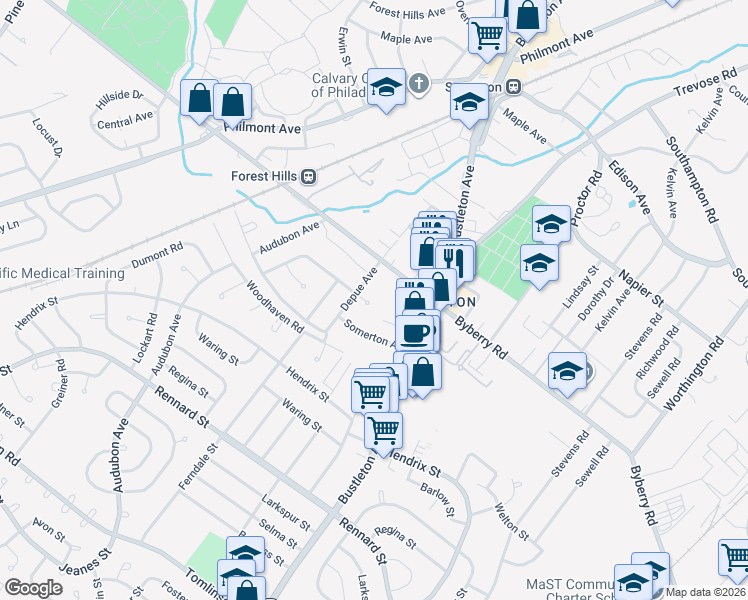 map of restaurants, bars, coffee shops, grocery stores, and more near 507 Pinewood Road in Philadelphia