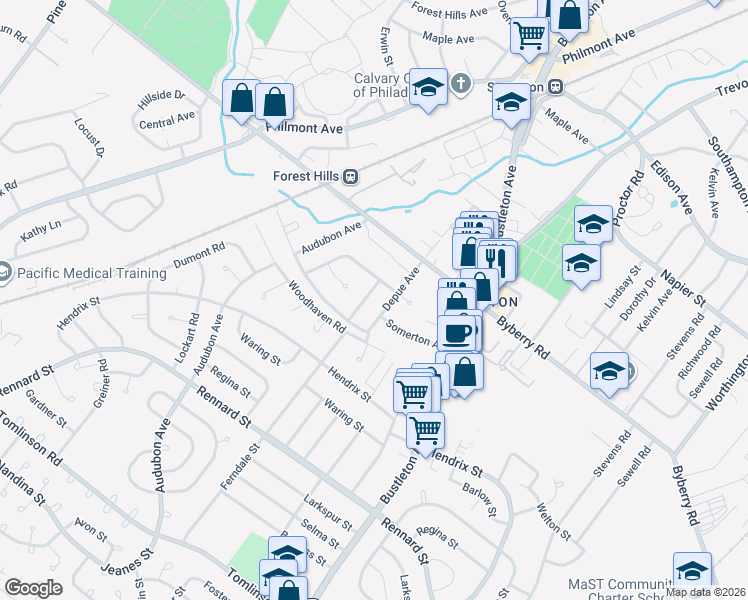 map of restaurants, bars, coffee shops, grocery stores, and more near 12010 Depue Avenue in Philadelphia