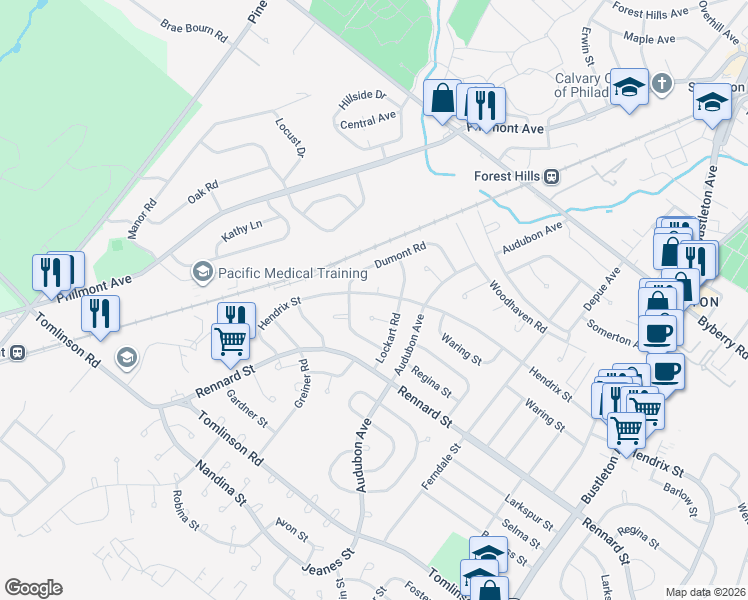 map of restaurants, bars, coffee shops, grocery stores, and more near 241 Lockart Place in Philadelphia