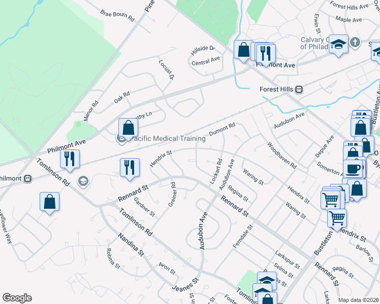map of restaurants, bars, coffee shops, grocery stores, and more near 211 Dumont Place in Philadelphia