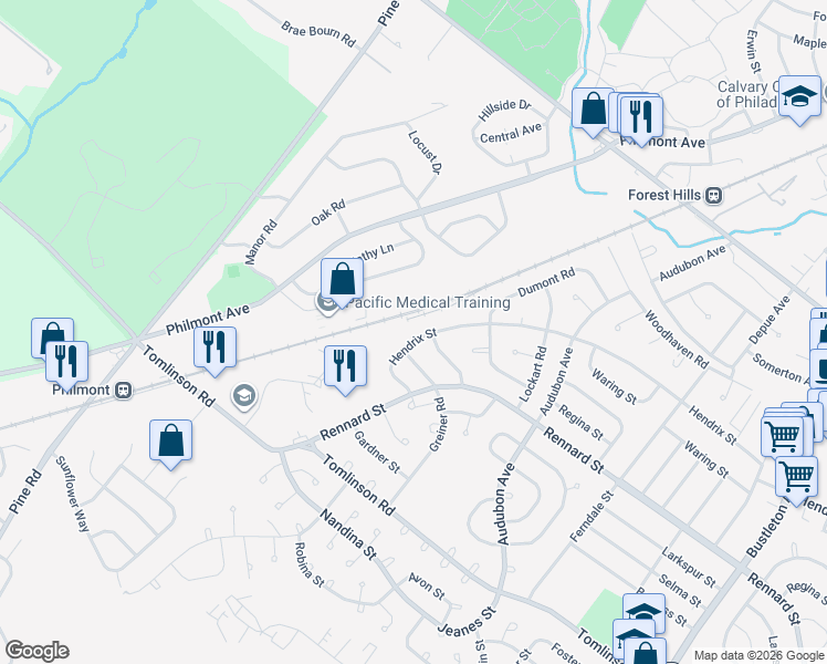map of restaurants, bars, coffee shops, grocery stores, and more near 11138 Hendrix Street in Philadelphia