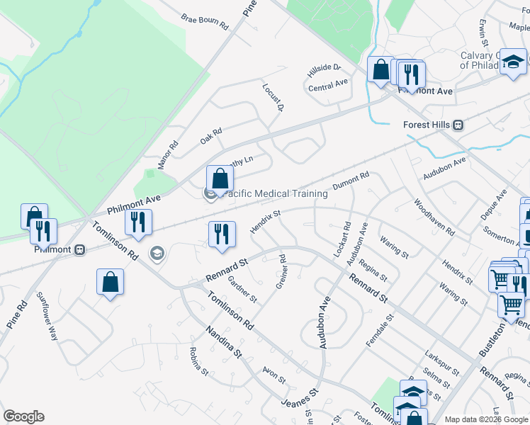 map of restaurants, bars, coffee shops, grocery stores, and more near 11138 Hendrix Street in Philadelphia