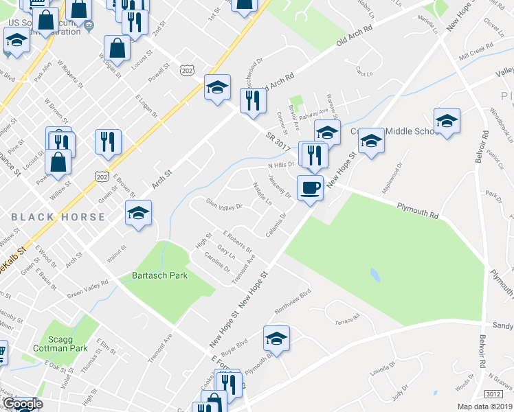 map of restaurants, bars, coffee shops, grocery stores, and more near 611 Glen Valley Drive in Norristown
