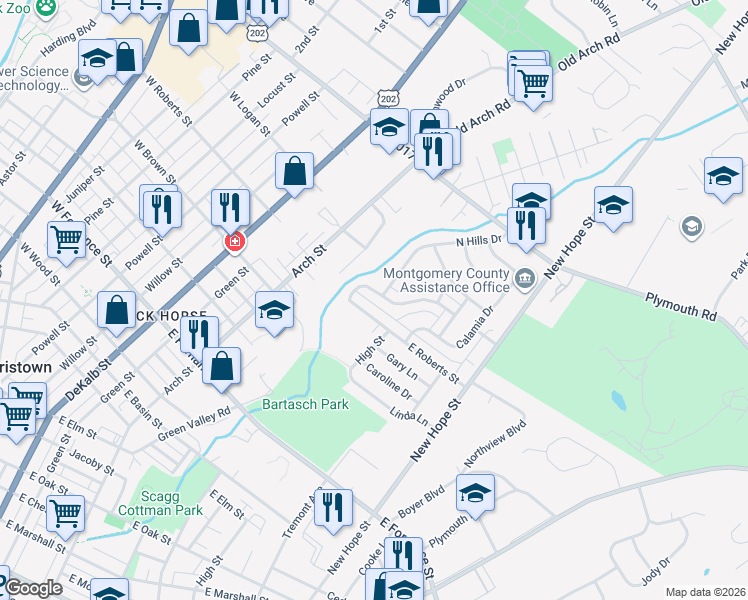 map of restaurants, bars, coffee shops, grocery stores, and more near 518 Glen Valley Drive in Norristown