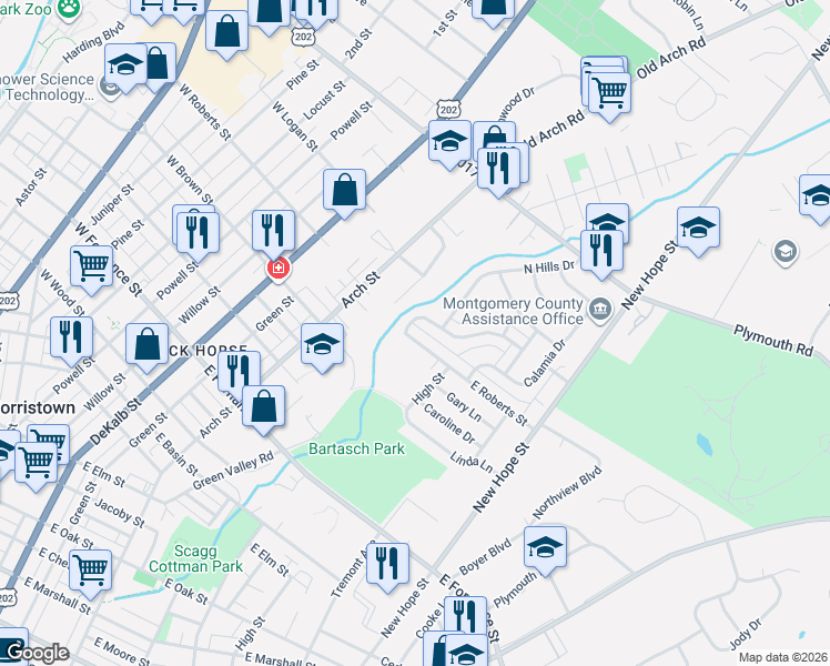 map of restaurants, bars, coffee shops, grocery stores, and more near 510 East Roberts Street in Norristown