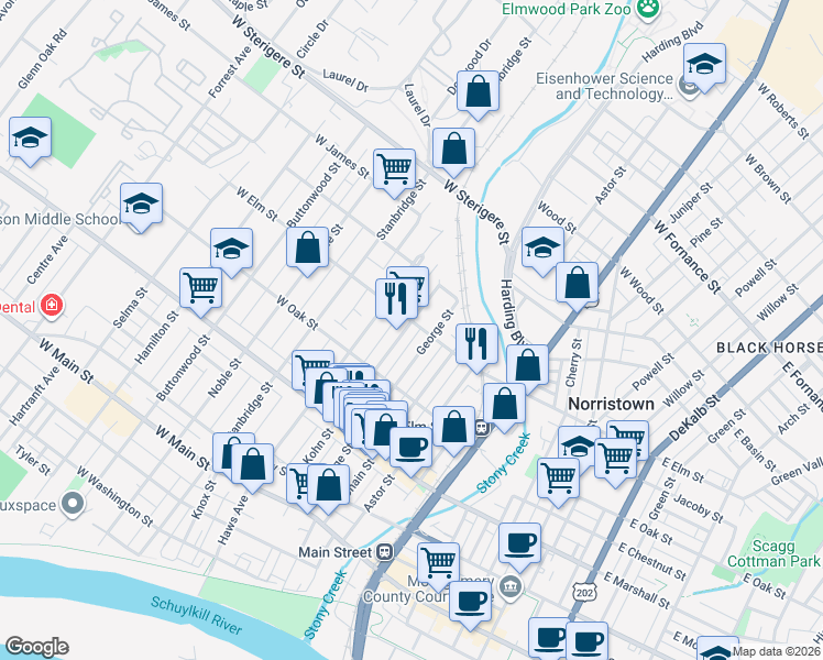 map of restaurants, bars, coffee shops, grocery stores, and more near 758 Hartranft Alley in Norristown