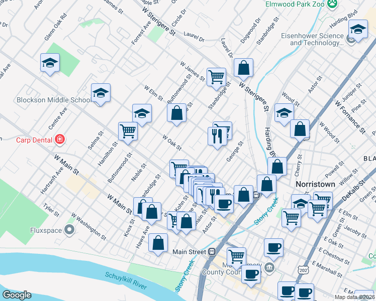 map of restaurants, bars, coffee shops, grocery stores, and more near 819 West Oak Street in Norristown