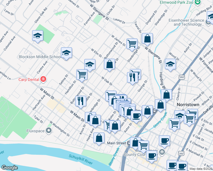 map of restaurants, bars, coffee shops, grocery stores, and more near 643 Stanbridge Street in Norristown