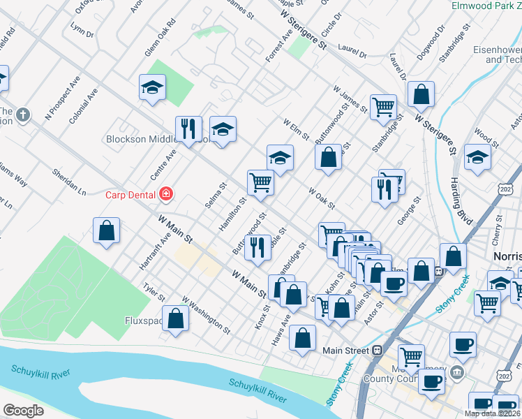 map of restaurants, bars, coffee shops, grocery stores, and more near 1032 West Marshall Street in Norristown