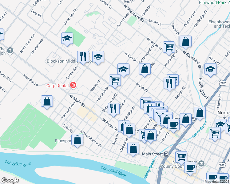 map of restaurants, bars, coffee shops, grocery stores, and more near 1032 West Marshall Street in Norristown