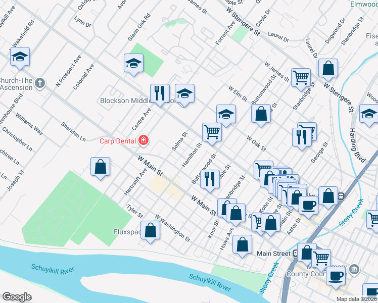 map of restaurants, bars, coffee shops, grocery stores, and more near 1217 Linwood Avenue in Norristown