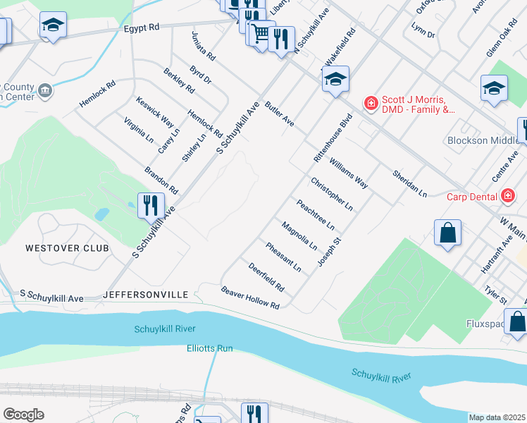map of restaurants, bars, coffee shops, grocery stores, and more near 431 Rittenhouse Boulevard in Norristown