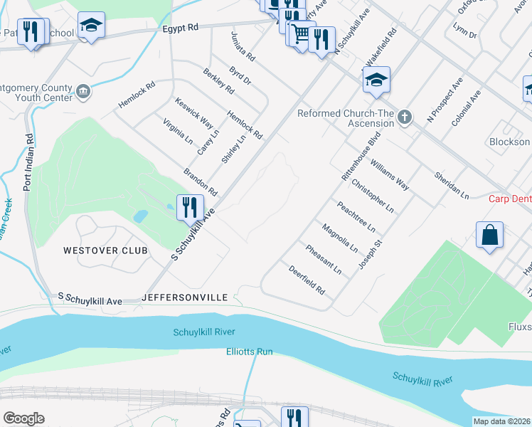map of restaurants, bars, coffee shops, grocery stores, and more near 238 Brandon Road in Eagleville