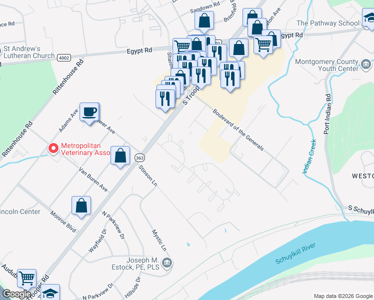 map of restaurants, bars, coffee shops, grocery stores, and more near 177 William Penn Drive in Eagleville