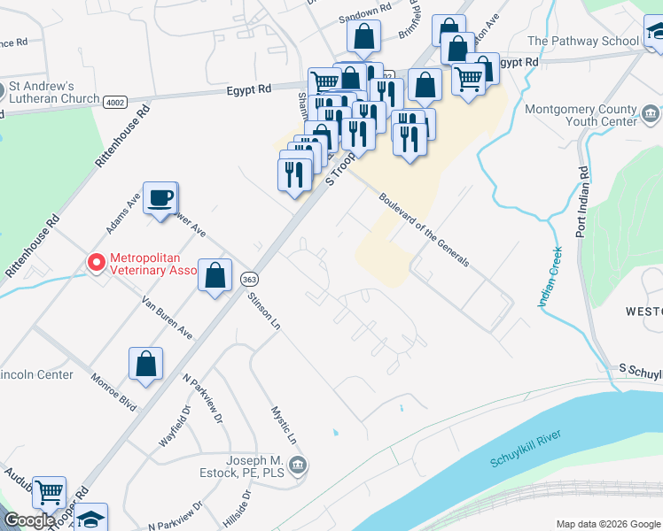 map of restaurants, bars, coffee shops, grocery stores, and more near 178 William Penn Drive in Eagleville