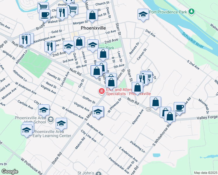 map of restaurants, bars, coffee shops, grocery stores, and more near 126 Nutt Road in Phoenixville