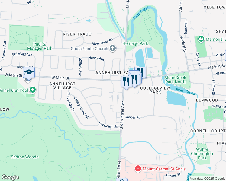 map of restaurants, bars, coffee shops, grocery stores, and more near 606 Virginia Lane in Westerville