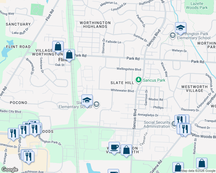 map of restaurants, bars, coffee shops, grocery stores, and more near 7773 Pinney Hill Court in Columbus