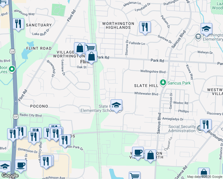 map of restaurants, bars, coffee shops, grocery stores, and more near 7783 Loon Song Court in Columbus