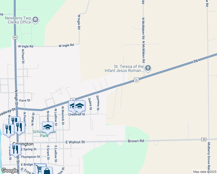map of restaurants, bars, coffee shops, grocery stores, and more near 7250 U.S. 36 in Covington