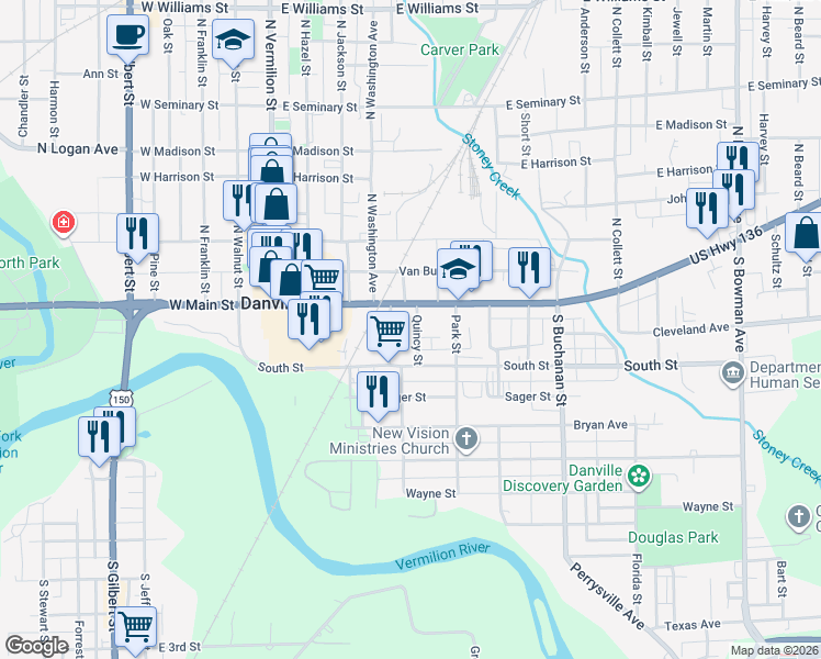 map of restaurants, bars, coffee shops, grocery stores, and more near 429 Outten Street in Danville
