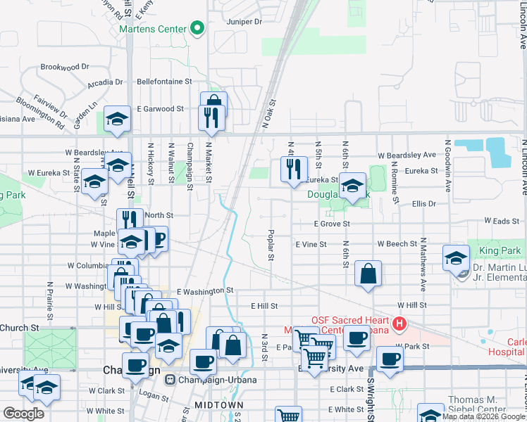 map of restaurants, bars, coffee shops, grocery stores, and more near 202 Foxwell Court in Champaign