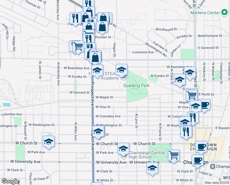 map of restaurants, bars, coffee shops, grocery stores, and more near 806 West Maple Street in Champaign
