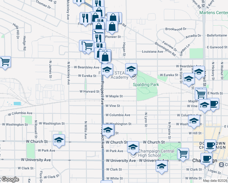 map of restaurants, bars, coffee shops, grocery stores, and more near 822 West Maple Street in Champaign