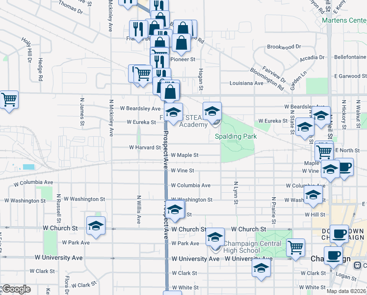 map of restaurants, bars, coffee shops, grocery stores, and more near 822 West Maple Street in Champaign