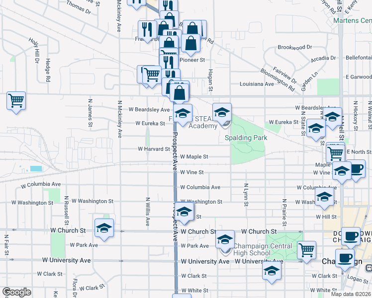map of restaurants, bars, coffee shops, grocery stores, and more near 822 West Maple Street in Champaign