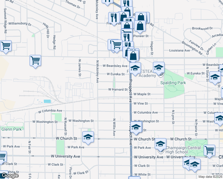 map of restaurants, bars, coffee shops, grocery stores, and more near 919 West Harvard Street in Champaign