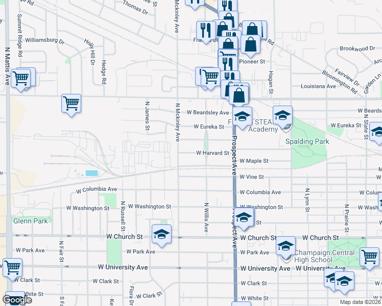 map of restaurants, bars, coffee shops, grocery stores, and more near 1009 West Harvard Street in Champaign