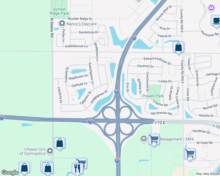 map of restaurants, bars, coffee shops, grocery stores, and more near 746 Sedgegrass Drive in Champaign