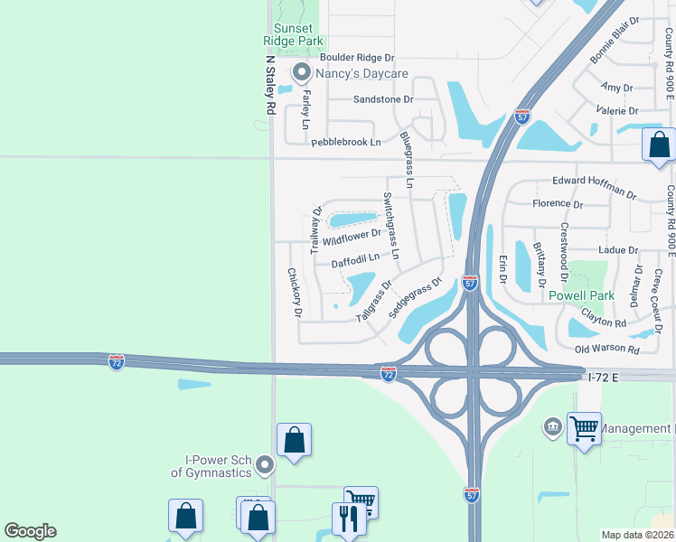 map of restaurants, bars, coffee shops, grocery stores, and more near 3919 Daffodil Lane in Champaign