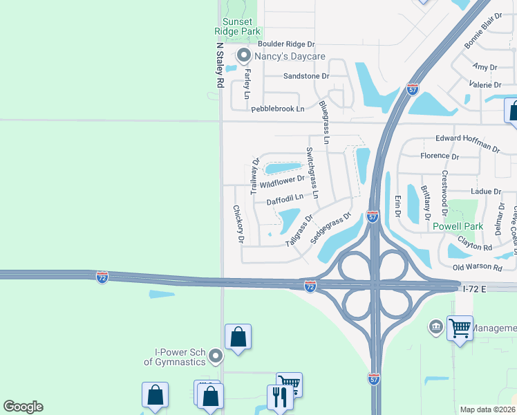 map of restaurants, bars, coffee shops, grocery stores, and more near 810 Trailway Drive in Champaign