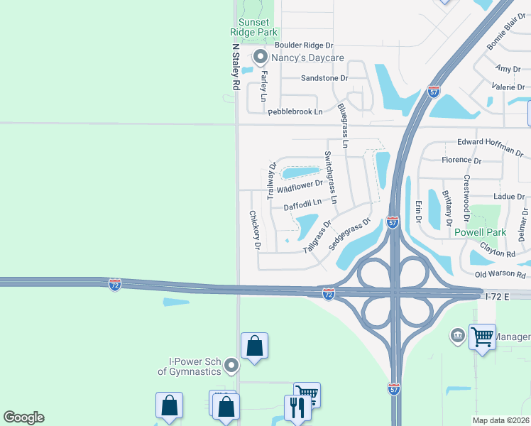 map of restaurants, bars, coffee shops, grocery stores, and more near 810 Trailway Drive in Champaign