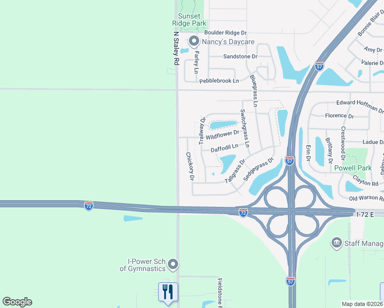 map of restaurants, bars, coffee shops, grocery stores, and more near 815 Chickory Drive in Champaign