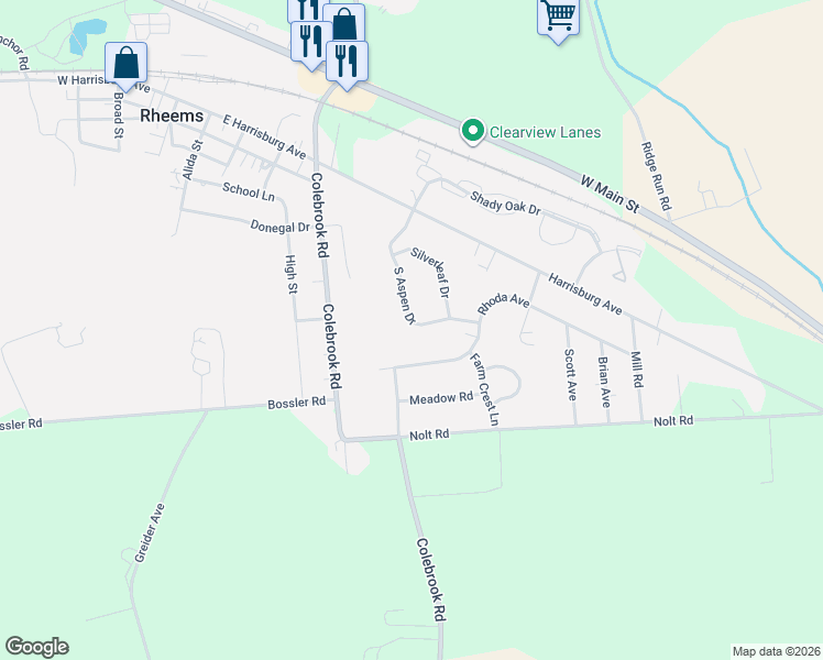 map of restaurants, bars, coffee shops, grocery stores, and more near 130 South Aspen Drive in Mount Joy