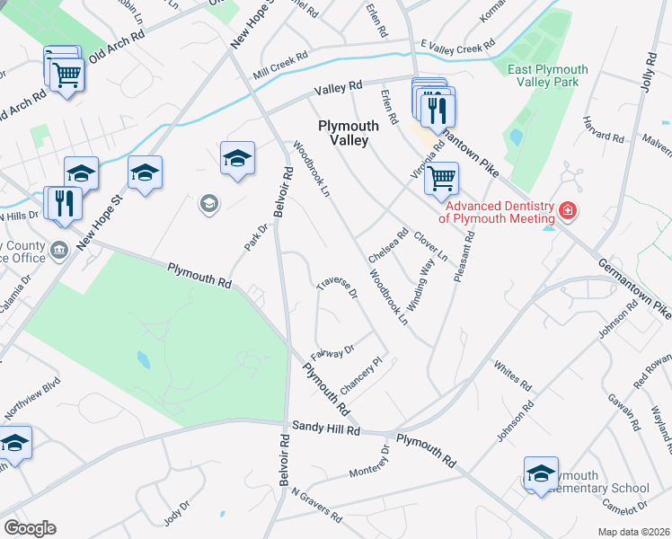 map of restaurants, bars, coffee shops, grocery stores, and more near 29 Traverse Drive in Plymouth Meeting