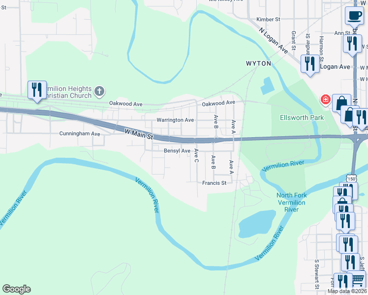 map of restaurants, bars, coffee shops, grocery stores, and more near 401 Bensyl Avenue in Danville